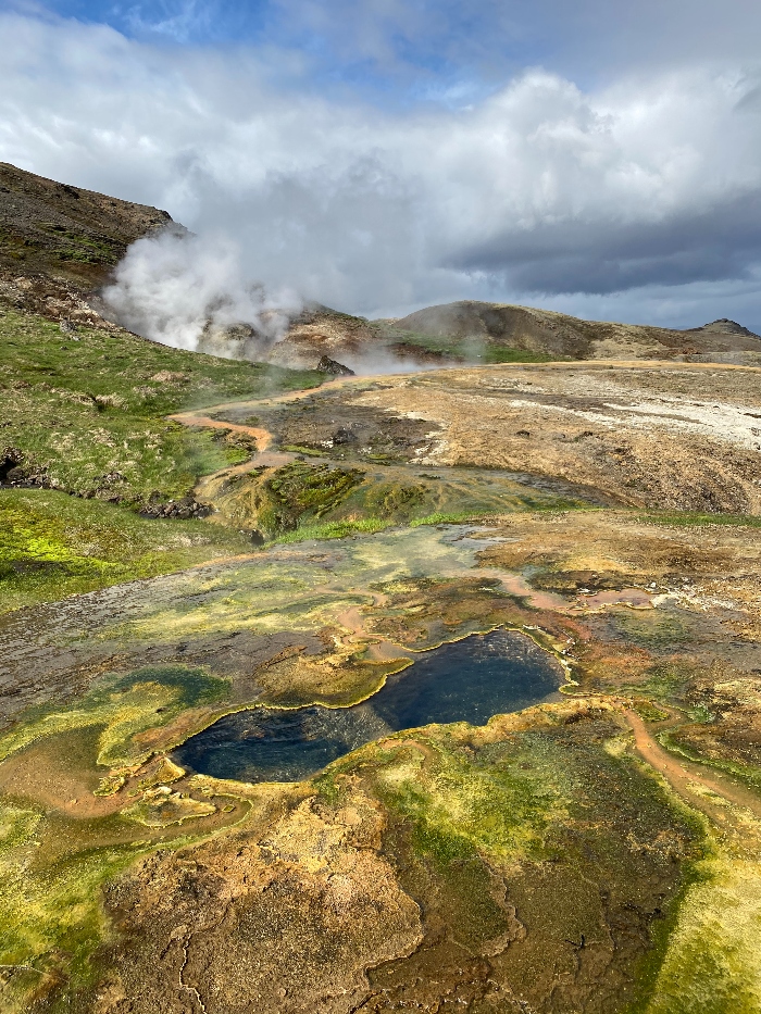 Colourful ground and steam in the background in a beautiful geothermal area in Iceland