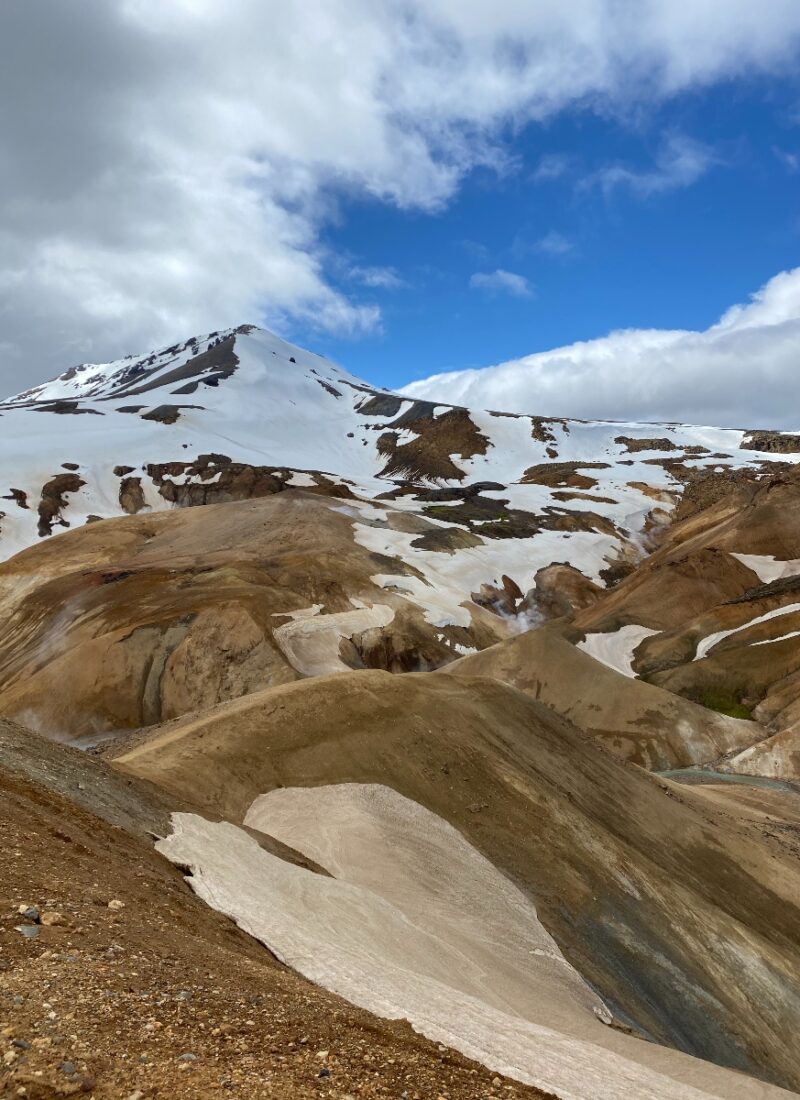 Ligh brown rhyolite mountains partly covered in snow in Kerlingarfjoll Iceland