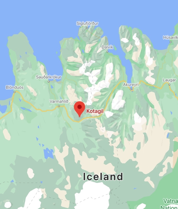 Zoomed in map of Iceland showing the location of Kotagil Canyon