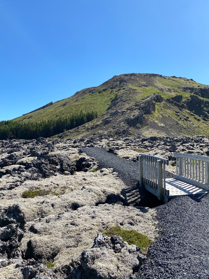 A hiking trail through moss covered lava fields that leads to Mount Thorbjorn near the Blue Lagoon on Reykjanes Peninsula in Iceland 