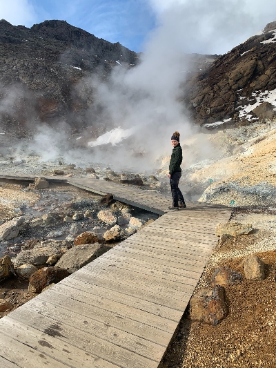 Walking on the boardwalk in Seltun Geothermal Area Iceland
