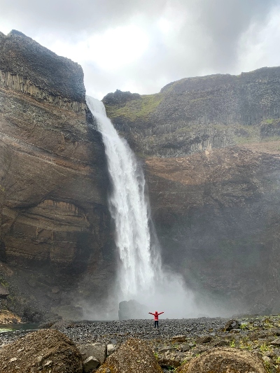 Standing at the bottom of Haifoss Waterfall Iceland