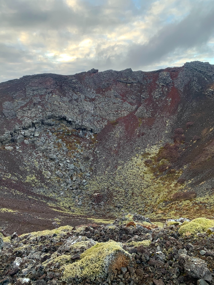 Looking down into the volcanic crater Burfell close to Reykjavik