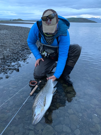 A fisherman releasing a brown trout to Lake Þingvallavatn in Iceland