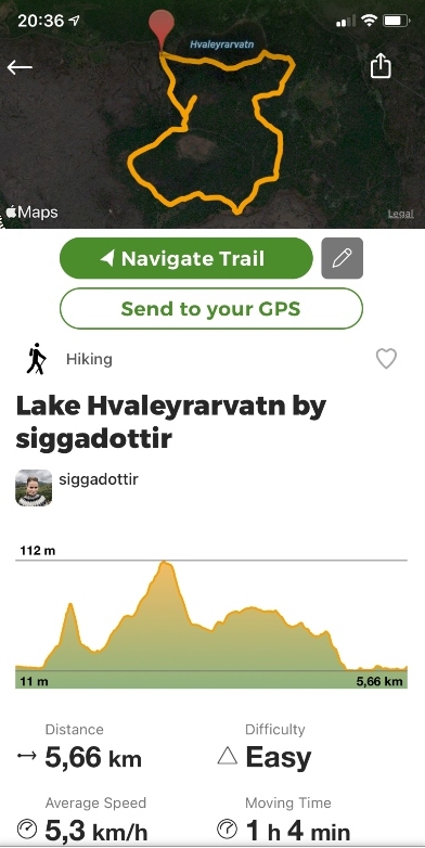 Screenshot of a trail by Lake Hvaleyrarvatn in Iceland