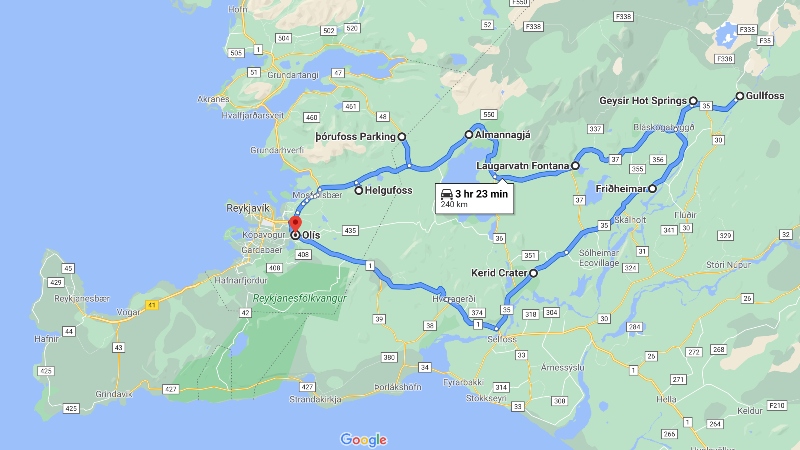 Map that shows the Golden Circle Day Trip with detours