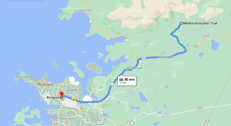 Google maps showing the way from Reykjavík to Móskarðshnjúkar's trailhead
