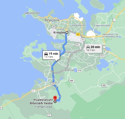 Map that shows the way from Reykjavík to Lake Hvaleyrarvatn