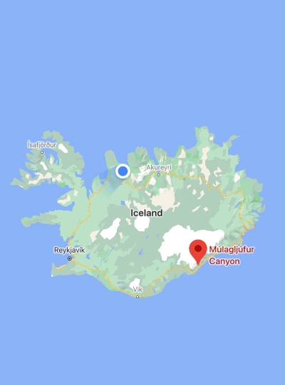 Screen shot from Google maps of Múlagljúfur Canyon's location zoomed out