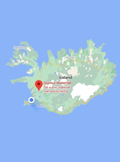 A map of Iceland showing the location of Glymur Waterfall