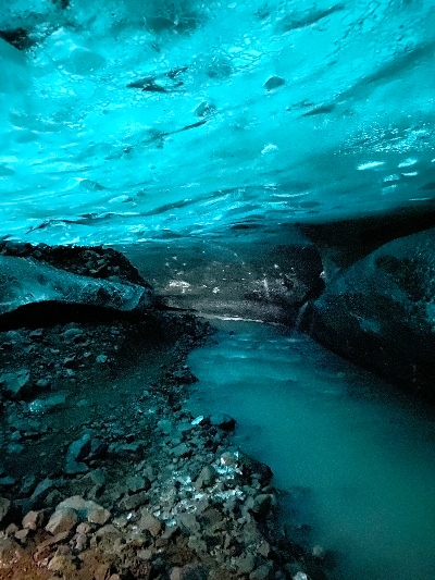 Inside of a glacier ice cave looking more like an aquarium because of it's beautiful turquoise colour