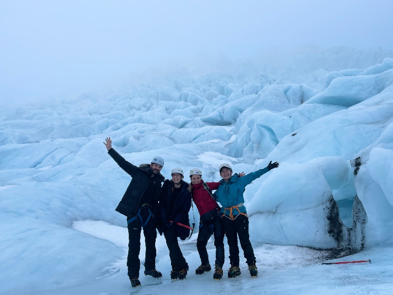 For happy hikers posing on their glacier hike in Iceland