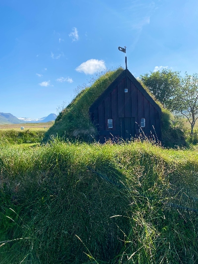 A small old turf church in Iceland seen up close