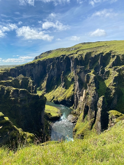 The view over Fjardrargljufur canyon Iceland on a sunny day in August