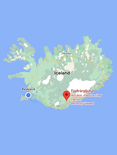 Map of Iceland that shows where Fjadrargljufur canyon is located