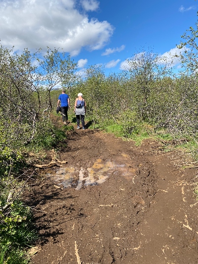 Muddy trail to Brúarfoss waterfall in Iceland