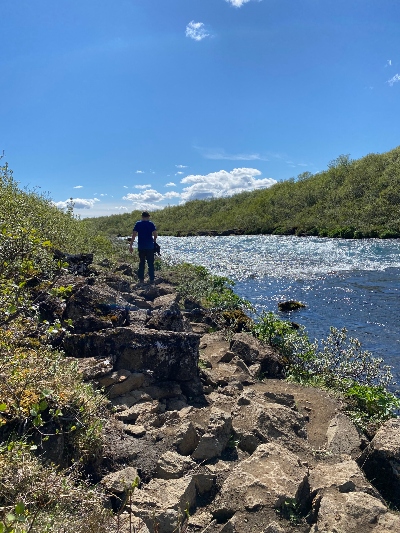 Rocky trail to Brúarfoss Waterfall in Iceland