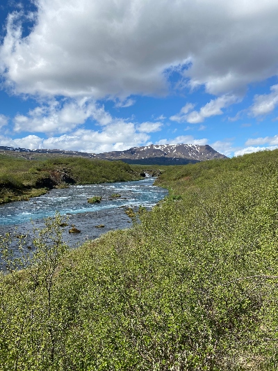 Brúará River green banks and a mountain in the background