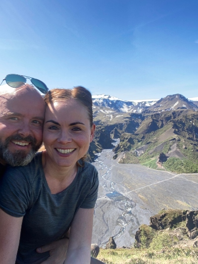 Two happy hikers on the top of Valahnúkur in Þórsmörk Iceland