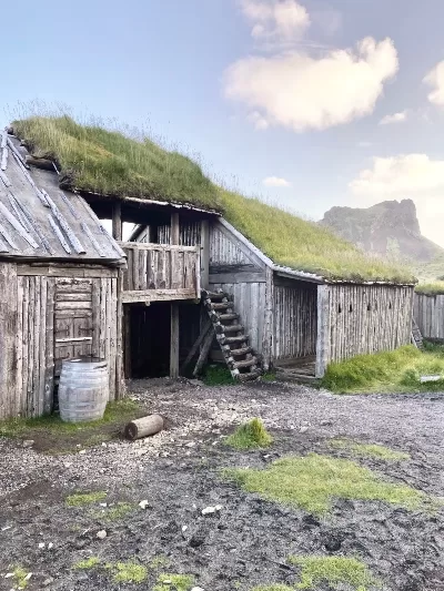 Timber houses with grass  roofs in a viking village