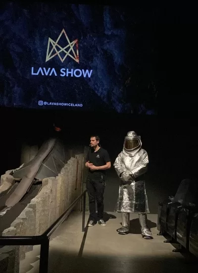 The guide and "the austronaut" at the Lava Show Reykjavík