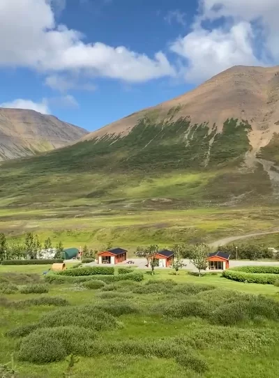 Overview photo of the cabins at Dalasetur in green and lush environment and mountains in the background
