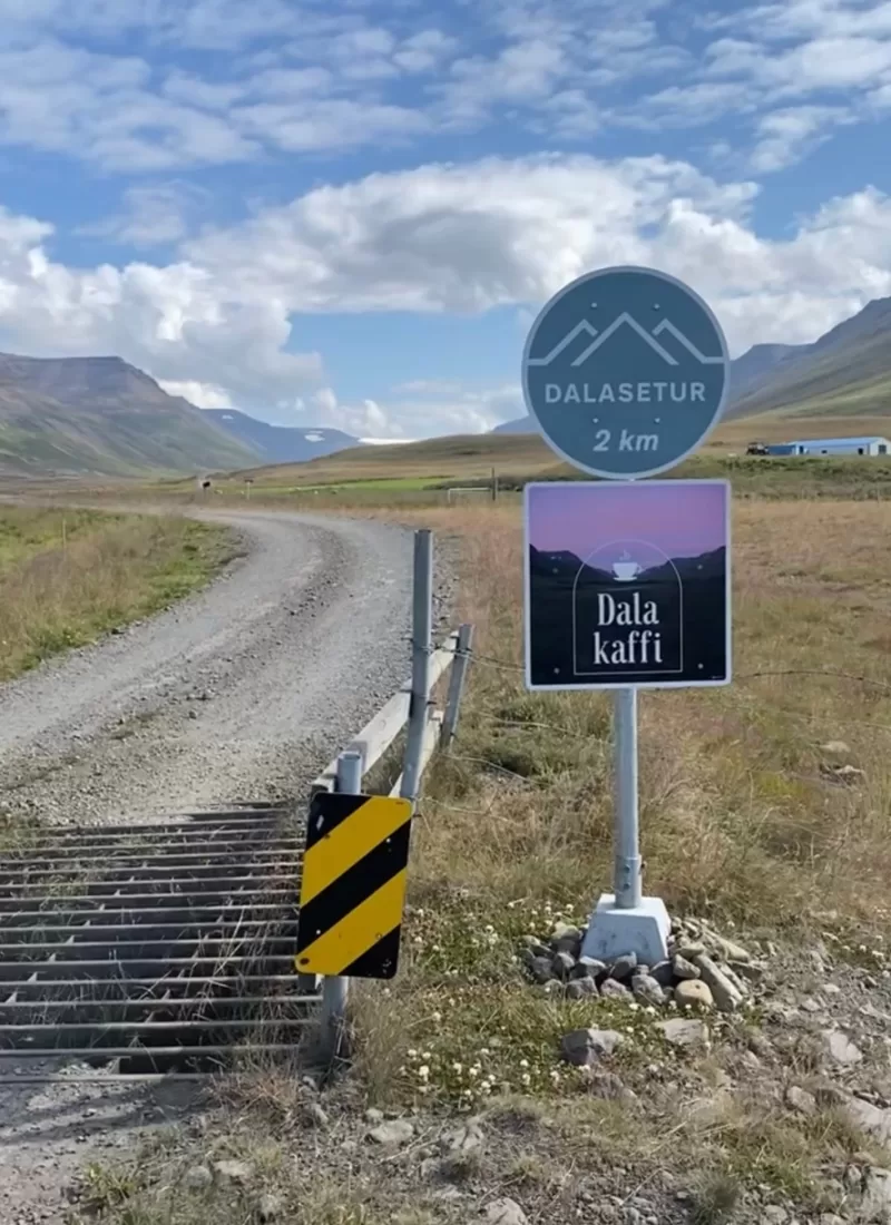 A sign by a gravel road in North Iceland that says Dalasetur
