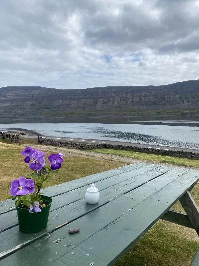 The view from Litlibær Café over the fjord and mountains