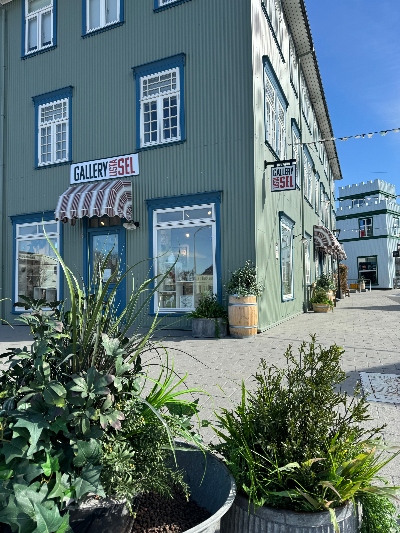 A green old timber house with white windows in the town center in Selfoss Iceland.