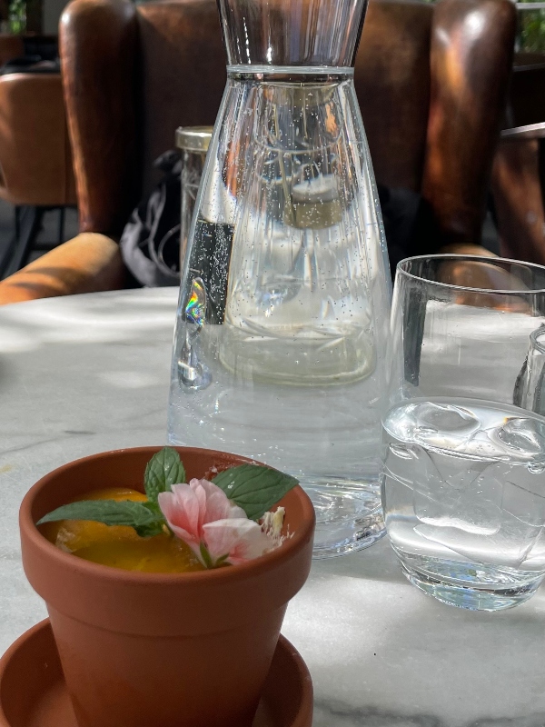 A small cheesecake portion decorated with a small flower and served in a brown flower pot